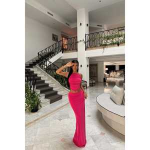 Ensemble jupe en tricot rayée fuchsia, style décontracté de club, tenues d'été avec hauts courts et longs, pantalon moulant tissé - Product Image 6