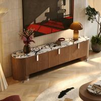 Meuble TV autoportant moderne en chêne courbé avec comptoir en marbre, console TV en bois grande capacité pour rangement dans le salon