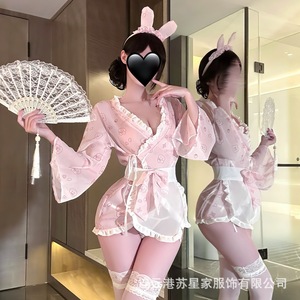Lencería sexy, uniforme de conejita, estilo japonés, estampado de conejita lindo e inocente, bata estilo japonés y camisón con lazo. - Product Image 1