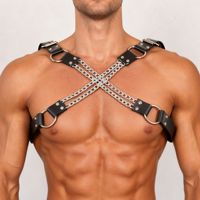 Harnais de poitrine pour homme, sangle avec chaîne métallique croisée, en cuir PU réglable, style punk, bondage, gay, noir, résistant à l'eau, cosplay