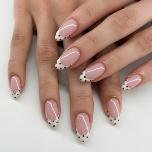 24 Pcs <strong>Nail</strong> Art <strong>Simple</strong> White French Press On <strong>Nails</strong> Short Almond Shape Black Polka-Dot Design Wearable False <strong>Nail</strong> Tips - Product Image 1
