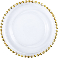 Assiette de présentation ronde en verre de 13 pouces avec bordure à perles dorées, écologique, pour événements, dîners, mariages, décorative