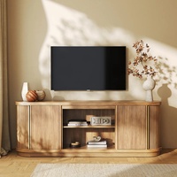 Meuble TV en bois naturel de style Japandi moderne, console multimédia à lattes cannelées, meuble TV en bois à bords incurvés, centre de divertissement de style Mid-Century