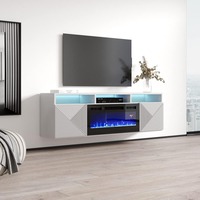 Meuble TV mural flottant moderne blanc sur mesure avec finition haute brillance, porte cannelée et éclairage LED