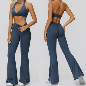 Pilates Set Halter Bra Scrunch Butt Flare Pant V-cut Back Stretchy Soft Jogging Wear 2 Pieces Sporty Set Gym Fitness Yoga Sets