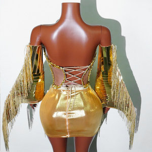Minivestido de malla con cordones y borlas doradas de lujo para grupo femenino, traje de baile sexy, ropa de escenario, Drag Queen - Product Image 2