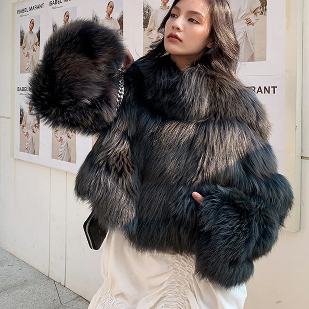สีดําของแท้Fox Fur Coatผู้หญิงยี่ห้อใหม่แฟชั่นฤดูใบไม้ร่วงและฤดูหนาวWarmสั้นเสื้อหนังแท้ผู้หญิงคุณภาพสูง