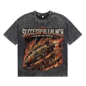 T-shirts pour hommes vintage punk avec motif de fusée, délavés à l'acide, décontractés, à imprimé lettres, coupe oversize, streetwear, à manches courtes - Product Image 1