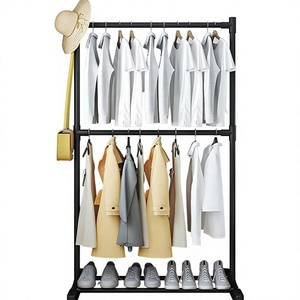 Double Tier Metal <b>Clothing</b> <b>Rack</b> With Wheels <b>Standing</b> Type Wardrobe Storage Holder Minimalist Style - Product Image 1