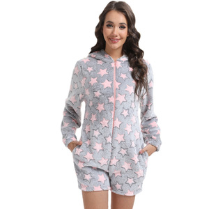 Pigiama Intero da Donna Casual Morbido e Traspirante a Maniche Lunghe, Stampa Stelle Rosa, in Pile con Cappuccio, Caldo Invernale per Adulti - Product Image 5