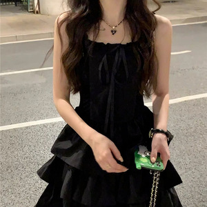French Style Black Slip Dress Off Shoulder Ruffles Waist Cinching Princess Puffy Skirt Summer 2026 Daily Wear - Product Image 2