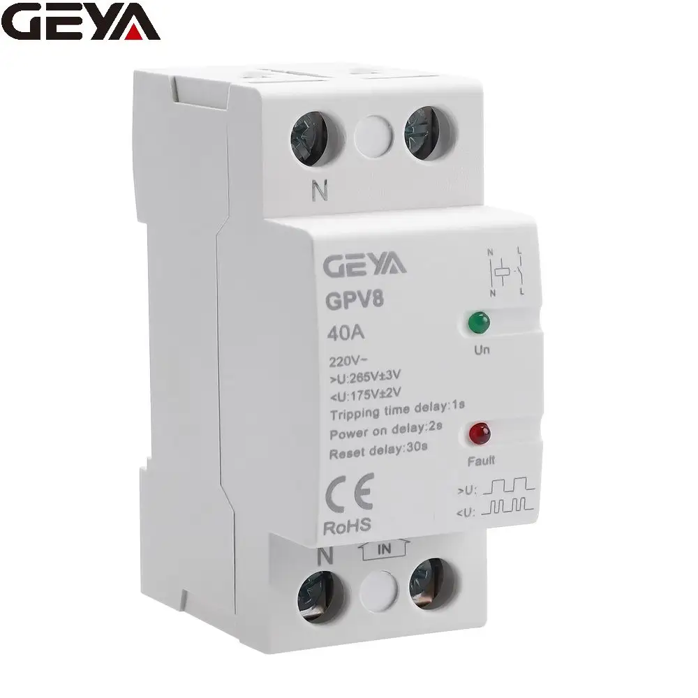 GEYA New design GPV8 Auto Voltage Protector Trilho Din 2P 4P 32A 40A 50A 63A Tensão Relé Sensível
