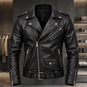 Blouson en cuir noir pour homme, style motard, coupe ajustée, fermeture éclair, poches à ceinture, col montant uni, décontracté, pour l'automne et l'hiver - Product Image 2