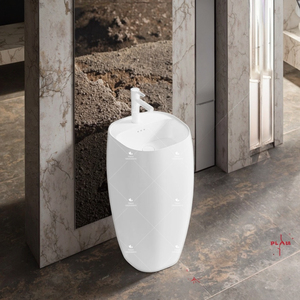 Chậu rửa mặt sứ cao cấp hình tròn, màu trắng, đặt sàn, làm thủ công, một khối - Product Image 3