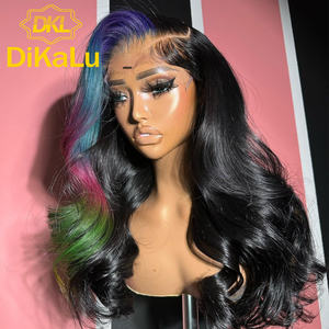 Peluca de Cabello Humano Virgen Remy con Reflejos Azul y Rosa para Mujer, con Frente de Encaje Transparente, 30 Pulgadas, Ondulado, Corto - Product Image 2