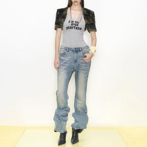 Pantalones Vaqueros Casuales Ajustados de Mezclilla con Lavado Desgastado Retro Personalizados, con Cintura Alta y Diseño Vintage - Product Image 5