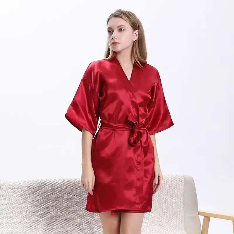2024 couleur unie mariage soie kimono satin robe adulte soie peignoir