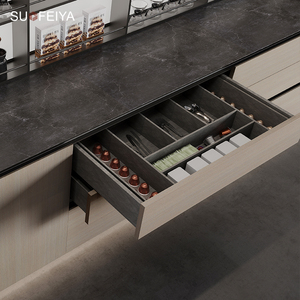 SOFEYIA, armario de isla de cocina personalizado, gabinetes de vidrio de chapa de madera MDF, grifo, bisagra, cajón, cesta, fregadero, resina laminada de mármol - Product Image 5