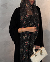 Abaya ouverte à imprimé floral noir de luxe sur mesure en gros à Dubaï pour femmes, ensemble hijab en mousseline, robe musulmane