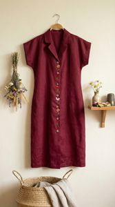 Robe en lin brodée pour femmes |   Robe midi vintage à boutons sur le devant |   Robe d'été décontractée à manches courtes |   Vente en gros OEM - Product Image 4