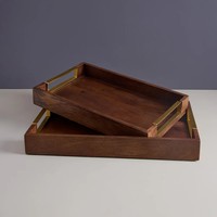 Lot de 2 plateaux de service en bois de noyer avec poignées en métal doré pour le service des aliments, idéal pour la décoration du lit, de la télévision, du pouf ou de la table basse