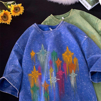 Kaos Pria Fashion Washed Dyed 280g Geometric Custom Graphic Print Warna Cerah Berwarna-warni Oversized Loose Fit Hip Hop Street Summer