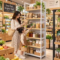 Étagères Gondoles Métalliques Blanches pour Supermarché, Présentoir Robuste Simple Face pour Magasin de Détail, Étagères de Magasin d'Alimentation avec Bords en Bois