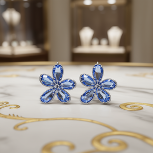 Orecchini a Perno Placcati in Oro Bianco con Fiore, Cristalli Blu e Strass, Gioielli Romantici da Donna per Feste - Product Image 2