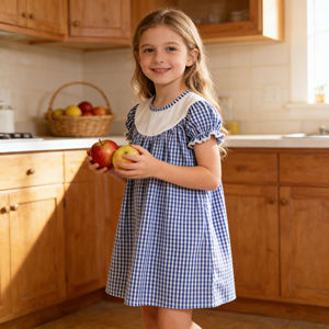 Robe à carreaux bleue pour filles avec col Peter Pan blanc, manches courtes à volants, robe décontractée d'été pour enfants - Product Image 6