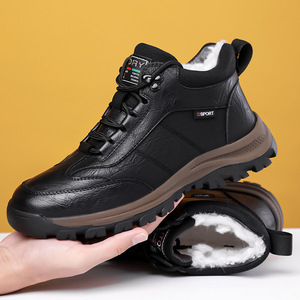 Botas de senderismo de invierno para hombre, zapatos informales para deportes al aire libre con forro polar y suela gruesa, color negro, calzado cálido de invierno con cordones y parte superior alta - Product Image 1