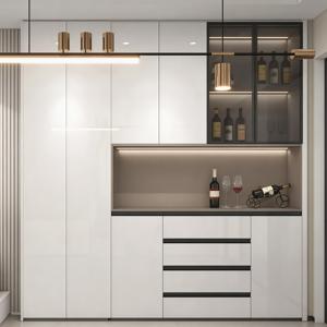 Buffet moderne avec portes en verre LED, étagères ouvertes, tiroirs, laque blanche, pour salle à manger - Product Image 1