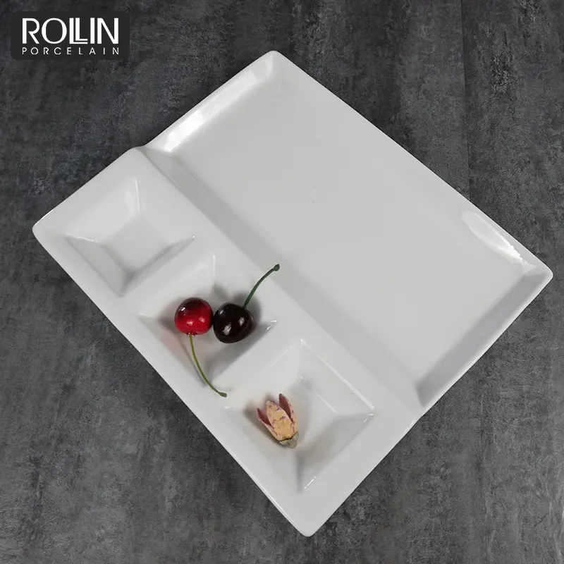Platos cuadrados de porcelana blanca divididos, platos de cena con compartimentos para restaurante, platos con cargador para boda