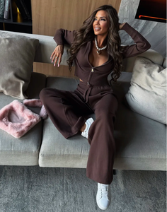 Conjunto de chándal de punto marrón oscuro para mujer, Top corto con cremallera y pantalones de pierna ancha, ropa de calle informal, traje de 2 piezas de longitud corta - Product Image 1