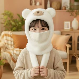 Kids Teddy <b>Bear</b> Hat With Scarf And Face Mask Khaki 54-56Cm Neck Protector For Warmth And Wind Protection - Product Image 4
