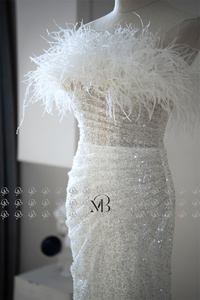Mily sposa MQW01909 piume di struzzo paillettes festa nuziale sposa da essere abito plissettato abito da sposa - Product Image 3