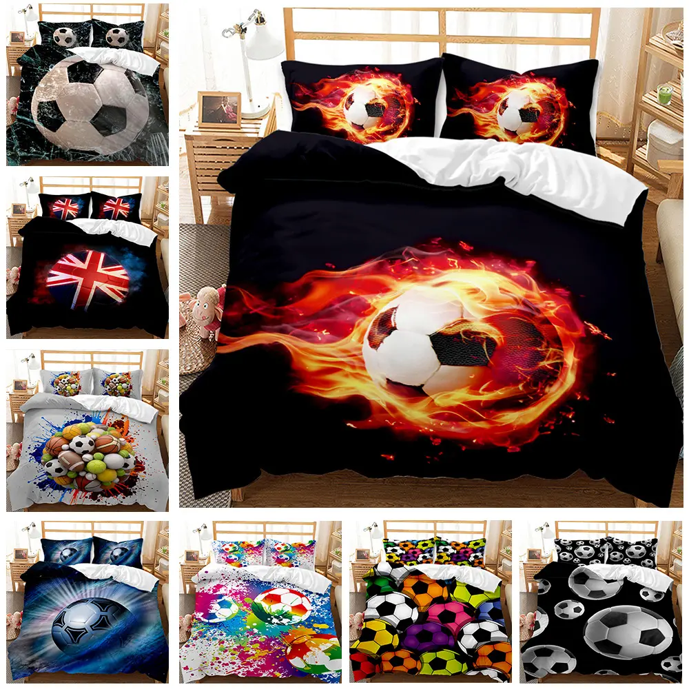 Soccer Duvet Cover Set King/Queen Size,Youth Balls Sports Themed Bedspread,Boys Football Decorative Black Multicolor Quilt Cover