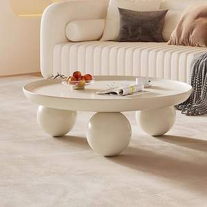 Mesa de centro redonda de estilo nórdico, color crema, 75x75 cm, tapa de resina, muebles modernos para sala de estar - Product Image 2