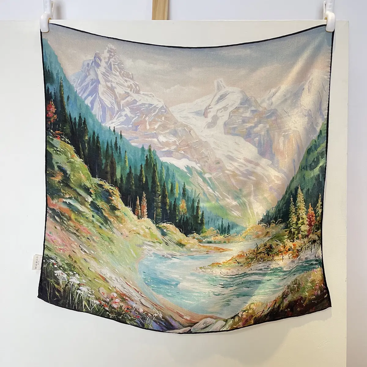 Mountains and rivers landscape oil painting style silk wool scarf autumn and winter temperament women silk wool square