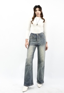 Rétro bleu taille haute jambe droite respirant été jean 8803 tissé Denim fibre de bambou coupe ample délavé finition toute la journée - Product Image 6