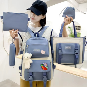 Custom Large Capacity 5-Piece Student Bag <b>Set</b> for Women Casual Nylon Rucksack with Zipper Closure and Waterproof <b>Lunch</b> Bag - Product Image 3