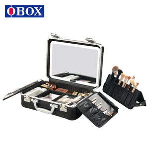 OBOX <b>Makeup</b> Case Black Silver Stripe Pattern Illuminated Mirror Large Capacity <b>Professional</b> Portable Cosmetic <b>Bag</b> With Lock - Product Image 2