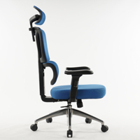 Chaise de bureau ergonomique en maille bleue avec dossier réglable, accoudoirs 4D, appui-tête et porte-vêtements, pieds en alliage d'aluminium