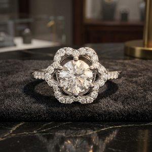 Bague de fiançailles et de mariage de luxe avec halo floral en diamant rond cultivé en laboratoire certifié IGI, pierres latérales, or 10K 14K 18K, argent 925 935 - Product Image 1