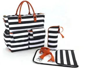 Fashional Eco Friendly Striped Multi-Function Waterproof Canvas Tote Baby Bag Baby Diaper Bag With Changing Pad For Mummy