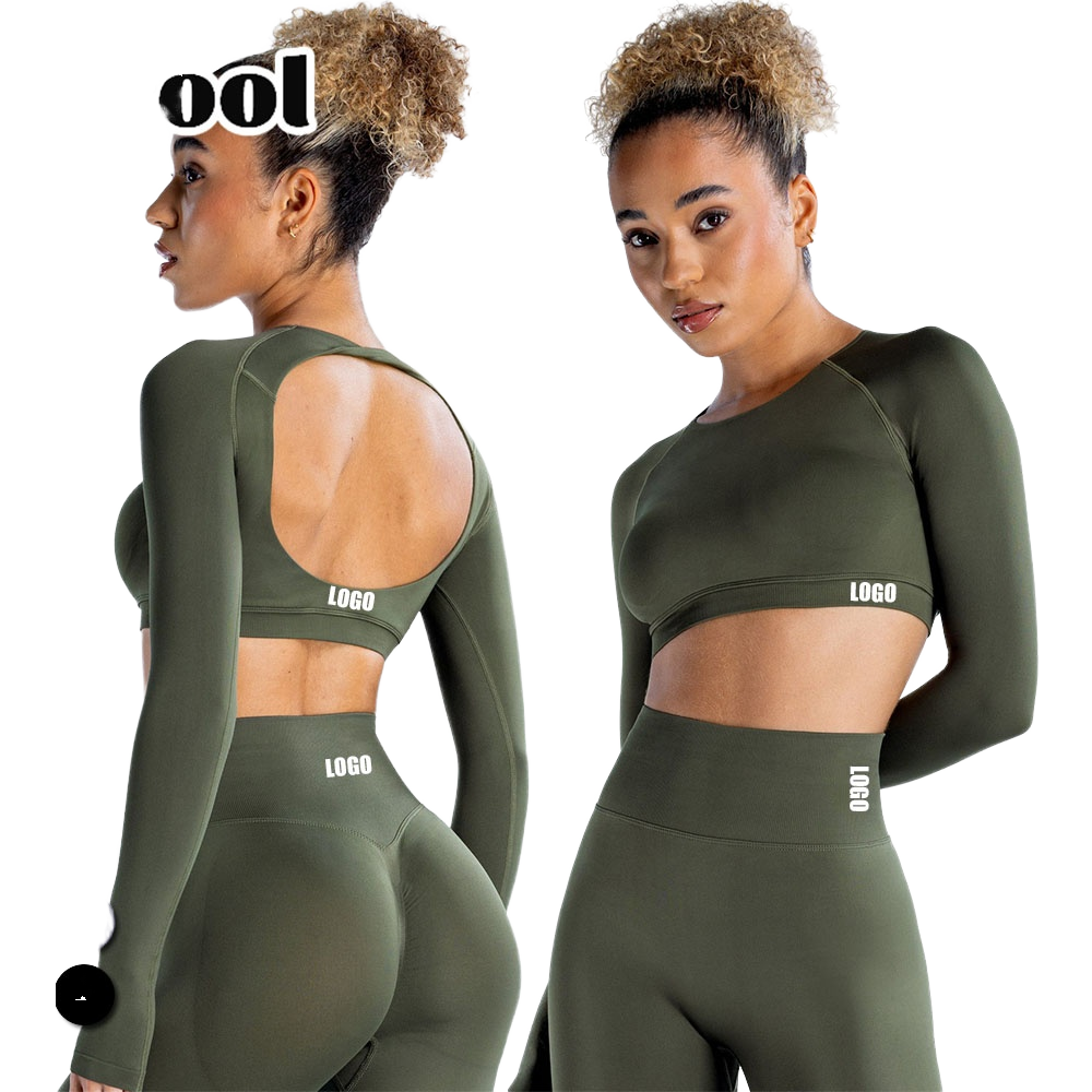 Lcool New Design Solid Backless Crop Long Sleeve Yoga Sportswear High Waist Seamless Breathable Four-Way Stretch Plus Size