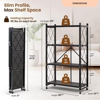 Étagère de rangement pliable à 4 niveaux avec roulettes, chariot de rangement roulant en métal pour garde-manger et cuisine
