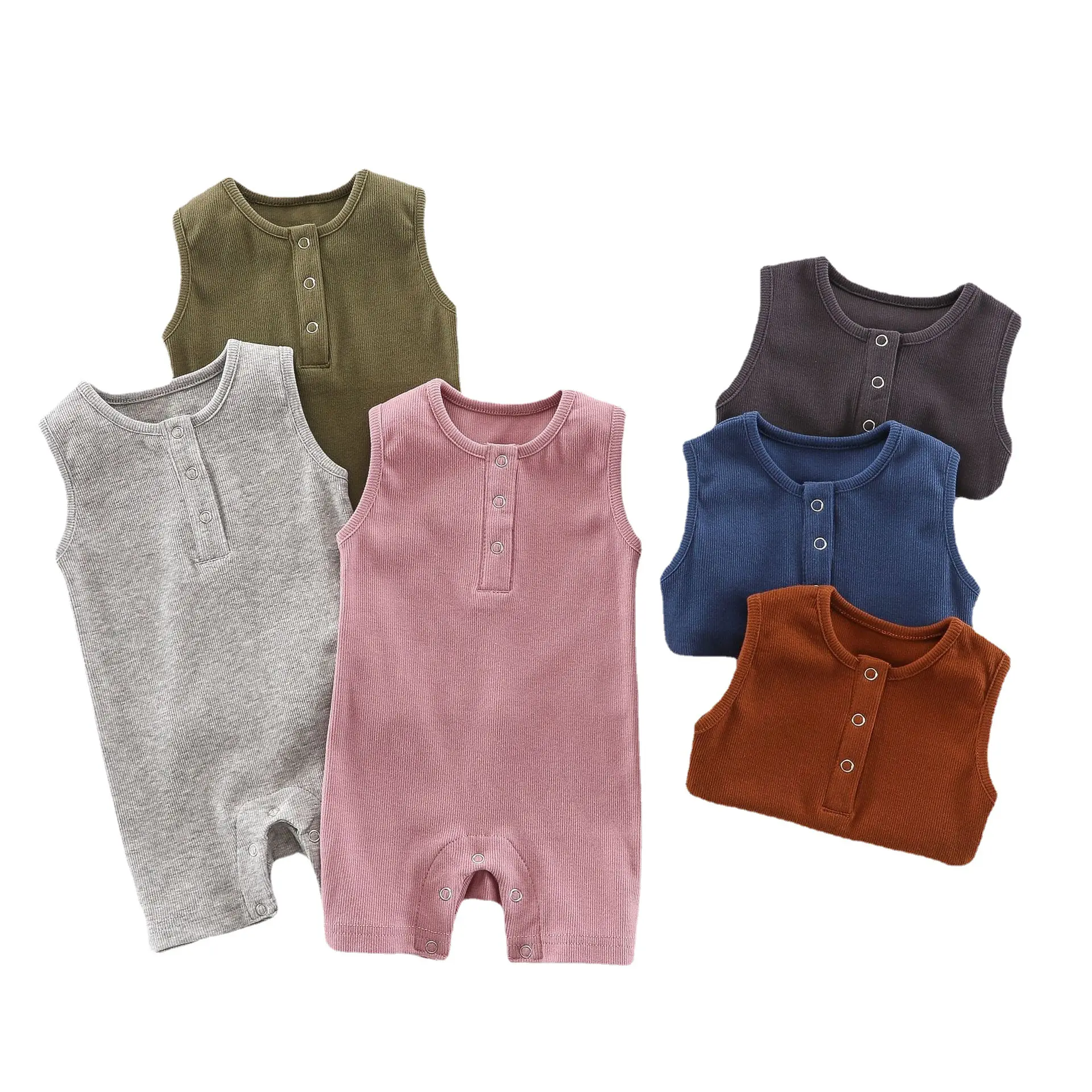 Factory Wholesale Baby Summer Pure Color Romper Baby Sleeveless Cotton Romper Newborn Button Thin Romper