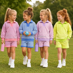 Ensemble sweat-shirt et short en coton pour filles, rayé, avec fermeture éclair quart, tenue de sport et de tennis pour l'école, le sport et le quotidien, vente en gros - Product Image 5