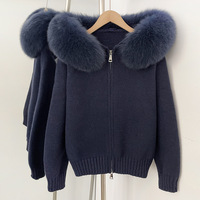 Manteau cardigan en tricot pour femme 2025, vêtement d'extérieur décontracté chaud d'hiver, respirant, capuche, col en fourrure de renard de luxe, doublure en laine teinte