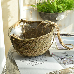 Panier suspendu en fibres végétales rond fait à la main, pot de fleurs mural avec corde pour une utilisation en intérieur et en extérieur - Product Image 5